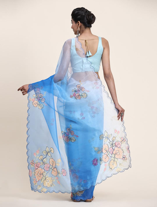 Blue & White Digital Printed Organza Saree With Satin Sky Blue Blouse Piece