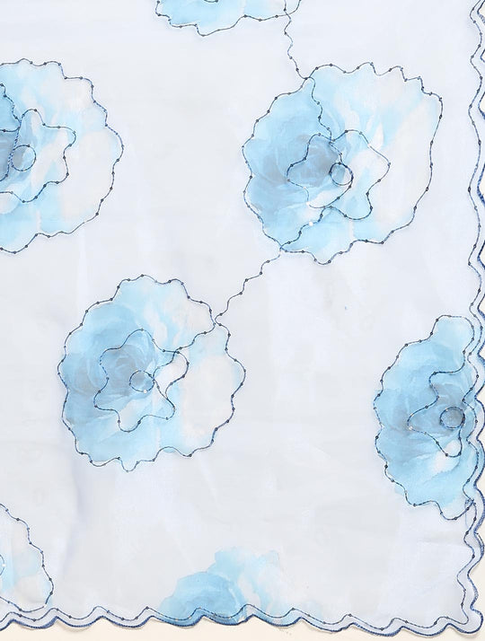 Blue & White Digital Printed Organza Saree With Satin Sky Blue Blouse Piece