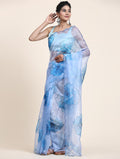 Blue & White Digital Printed Organza Saree With Satin Sky Blue Blouse Piece
