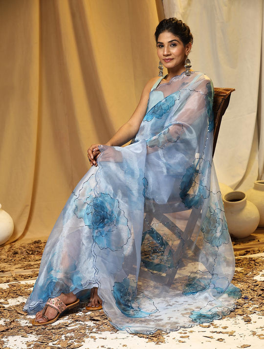 Blue & White Digital Printed Organza Saree With Satin Sky Blue Blouse Piece