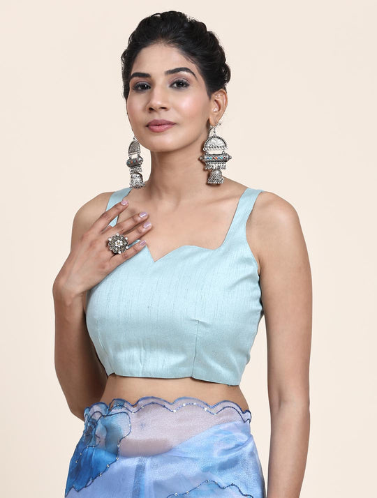 Blue & White Digital Printed Organza Saree With Satin Sky Blue Blouse Piece
