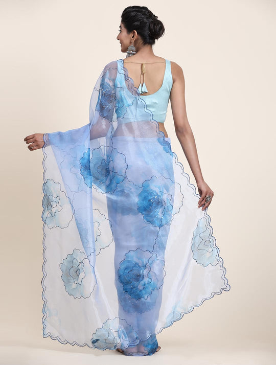 Blue & White Digital Printed Organza Saree With Satin Sky Blue Blouse Piece