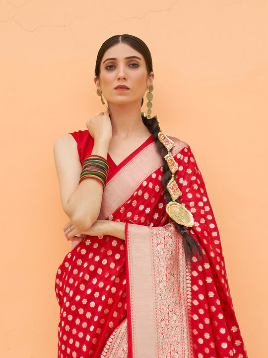 Red Nylon Saree With Blouse Piece