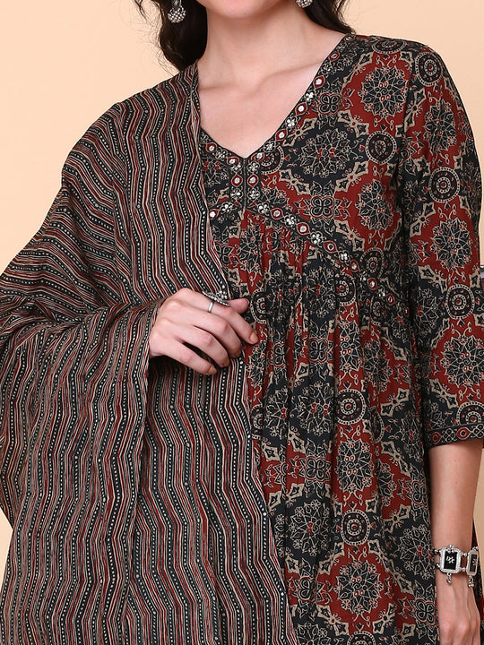 Floral Printed V-Neck Three-Quarter Sleeves Angrakha Pure Cotton Kurta Set