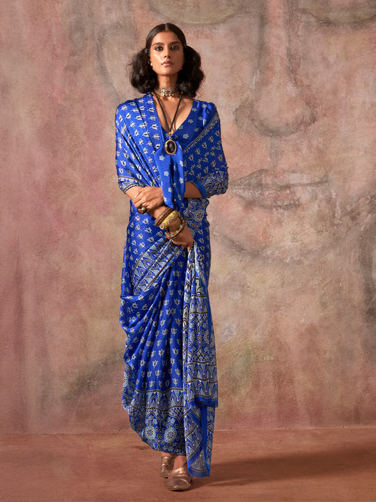 Blue Ajarakh Print Satin Georgette Saree With Blouse Piece