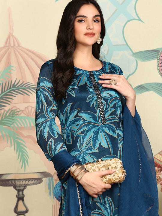Navy Blue Floral Printed Beads And Stones Straight Kurta With Trousers & Dupatta