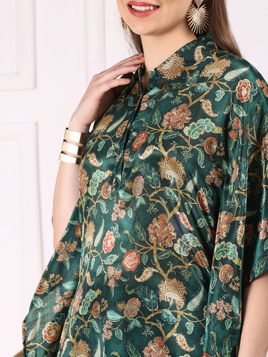 Green Floral Printed Asymmetric Kimono Sleeve Kaftan Kurta with Trousers