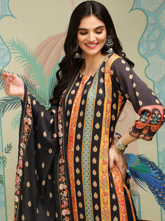 Black Floral Printed Regular Straight Kurta With Trousers & Dupatta
