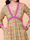 Floral Printed V-Neck Empire Pure Cotton Kurta with Trousers