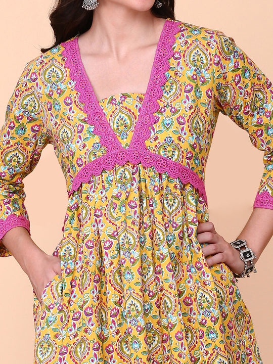 Floral Printed V-Neck Empire Pure Cotton Kurta with Trousers