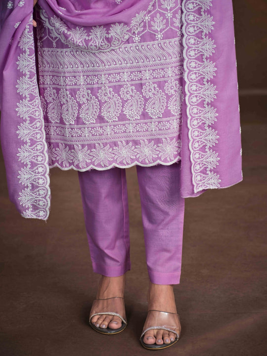 Embroidered Regular Chikankari Pure Cotton Kurta with Trousers & Dupatta