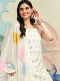 Off White Floral Embroidered Mirror Work Cotton Straight Kurta With Trousers & Dupatta
