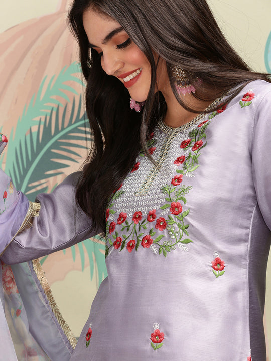 Floral Embroidered Thread Work Silk Chiffon Straight Kurta with Trousers & Dupatta