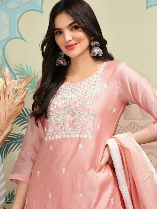 Ethnic Motifs Embroidered Thread Work Straight Kurta with Trousers & Dupatta