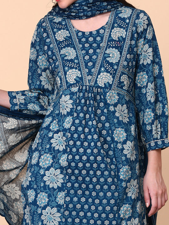 Floral Printed Round Neck Three-Quarter Sleeves Cotton Kurta with Trousers & Dupatta