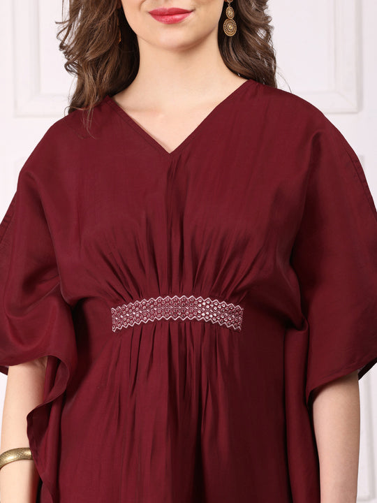 Maroon Kimono Sleeve Asymmetric Kaftan Kurti with Trousers
