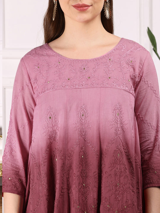 Ombre Embroidered Regular Thread Work Pure Cotton Kurta with Trousers & Dupatta