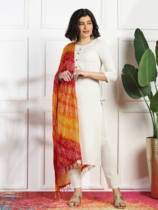 Round Neck Straight Kurta with Trousers & Dupatta