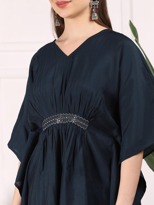 Navy Blue Kimono Sleeve Asymmetric Kaftan Kurti with Trousers