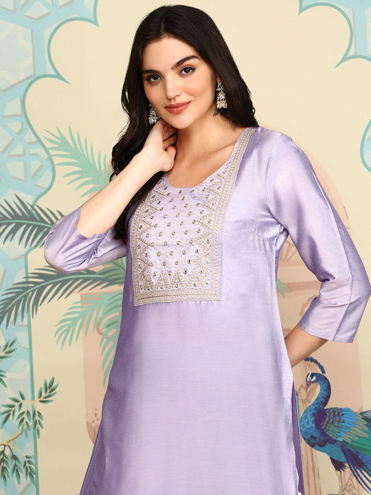 Floral Yoke Design Round Neck Straight Kurta