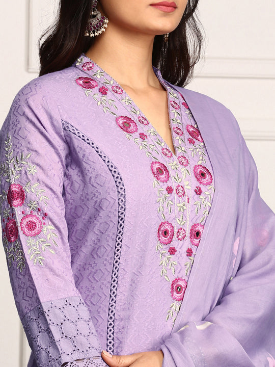 Purple Floral Embroidered Schiffli Pure Cotton Kurta With Trousers & Dupatta