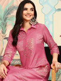 Floral Printed Regular Three-Quarter Sleeves Shirt Collar Kurta with Trousers