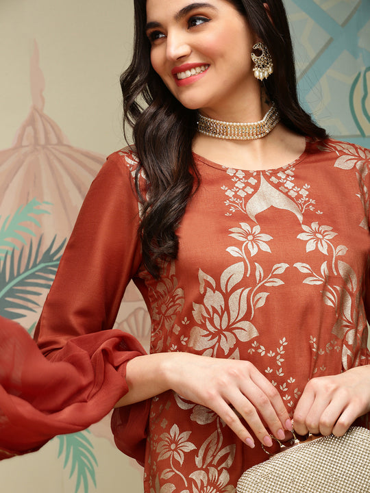 Floral Printed Round Neck Three-Quarter Sleeves Kurti with Sharara & With Dupatta
