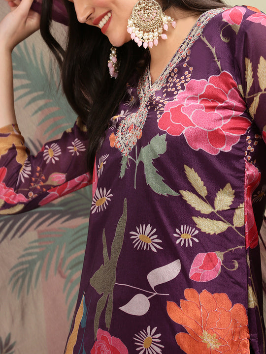 Floral Printed V-Neck Three-Quarter Sleeves Kurta with Trousers & With Dupatta