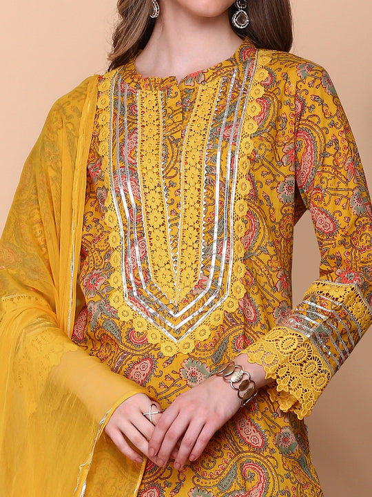 Women Floral Printed Regular Thread Work Kurta with Trousers & With Dupatta