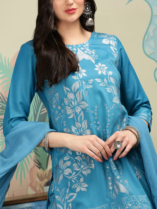 Floral Printed Straight Round Neck Kurti With Sharara & Dupatta