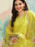 Floral Embroidered V-Neck Three-Quarter Sleeves Silk Chiffon Kurta Set