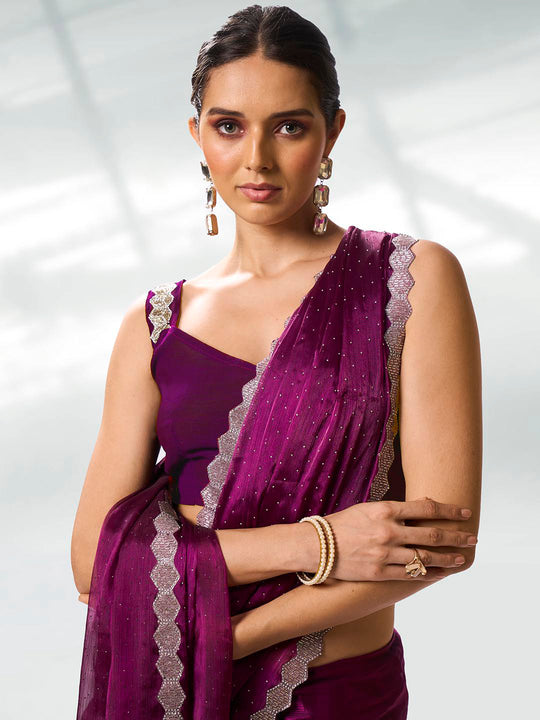 Purple Organza Party Wear Saree With Blouse Piece