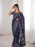 Soft Pure Cotton Hand Bagru Print Sarees With Blouse Pice