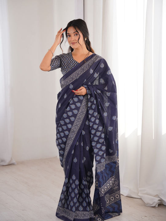 Soft Pure Cotton Hand Bagru Print Sarees With Blouse Pice