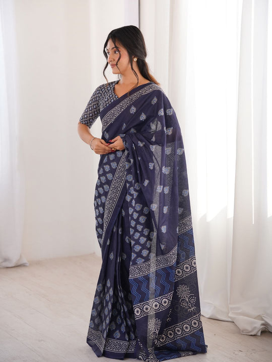 Soft Pure Cotton Hand Bagru Print Sarees With Blouse Pice