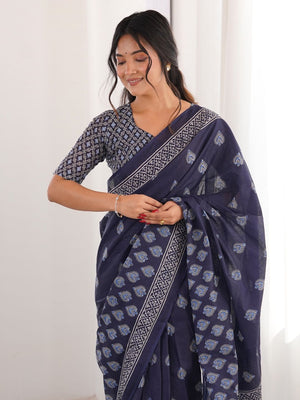 Soft Pure Cotton Hand Bagru Print Sarees With Blouse Pice