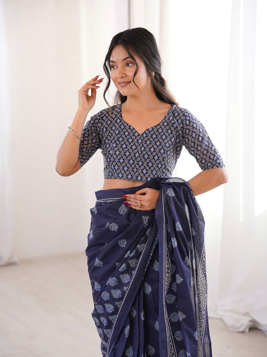 Soft Pure Cotton Hand Bagru Print Sarees With Blouse Pice