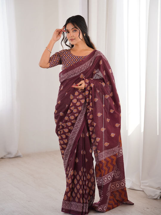 Soft Pure Cotton Hand Bagru Print Sarees With Blouse Pice