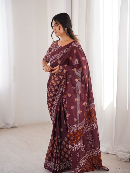 Soft Pure Cotton Hand Bagru Print Sarees With Blouse Pice