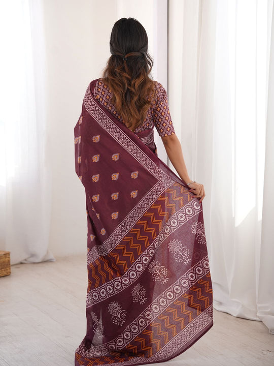 Soft Pure Cotton Hand Bagru Print Sarees With Blouse Pice