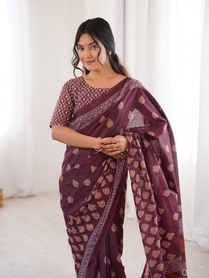 Soft Pure Cotton Hand Bagru Print Sarees With Blouse Pice