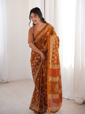 Soft Pure Cotton Hand Bagru Print Sarees With Blouse Pice