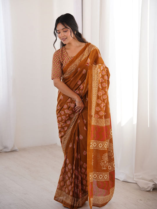 Soft Pure Cotton Hand Bagru Print Sarees With Blouse Pice