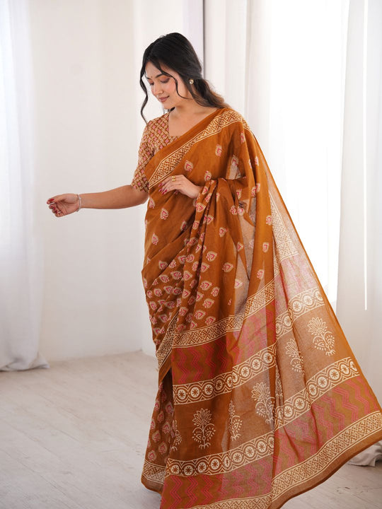 Soft Pure Cotton Hand Bagru Print Sarees With Blouse Pice