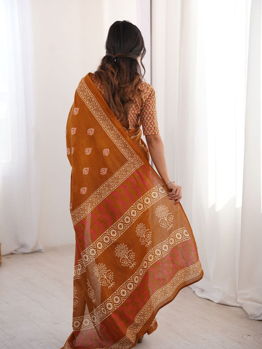 Soft Pure Cotton Hand Bagru Print Sarees With Blouse Pice