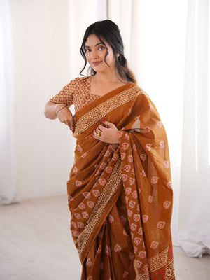 Soft Pure Cotton Hand Bagru Print Sarees With Blouse Pice