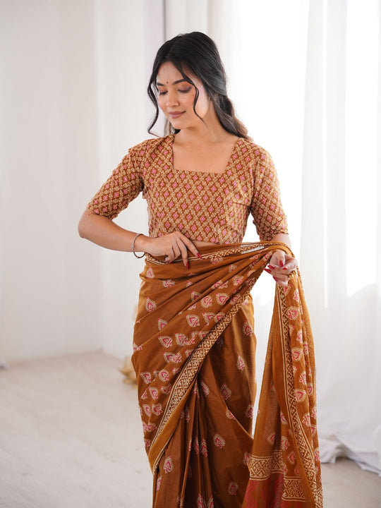 Soft Pure Cotton Hand Bagru Print Sarees With Blouse Pice