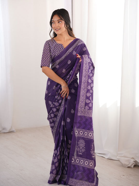 Soft Pure Cotton Hand Bagru Print Sarees With Blouse Pice