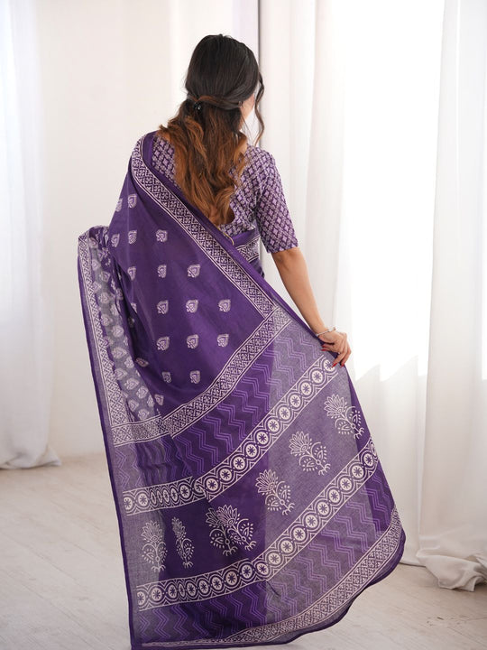 Soft Pure Cotton Hand Bagru Print Sarees With Blouse Pice