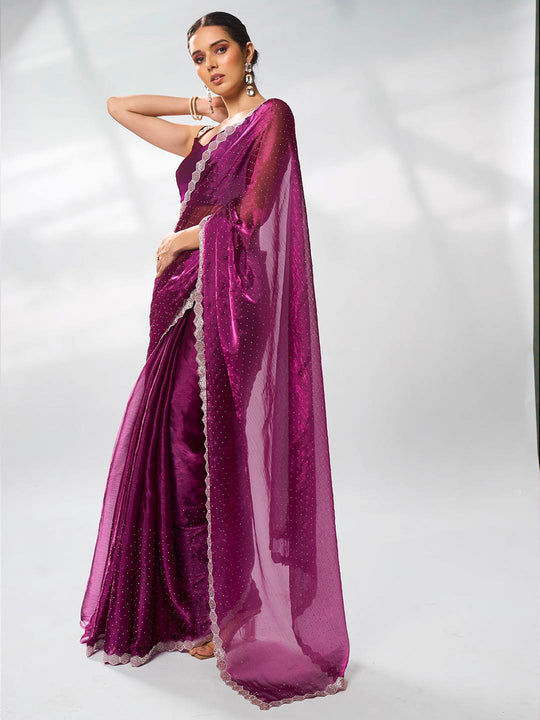 Purple Organza Party Wear Saree With Blouse Piece